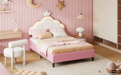 Lazyspace Samt-Polsterbett, LED-Kopfteil in Wolkenform mit dekorativer Krone, rosa Bettrahmen für Mädchen