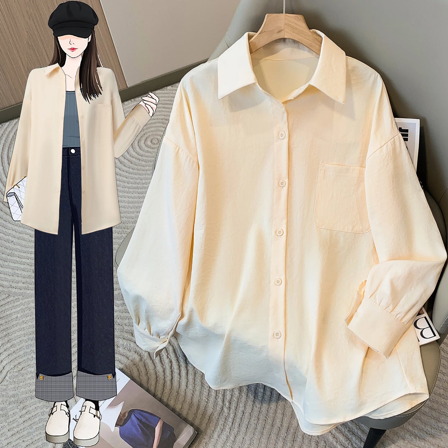 Plus Size Women's Blouses 2025 Spring Autumn Simple Lady Shirts Long Sleeve Big Pockets Shirt Loose Casual Tops