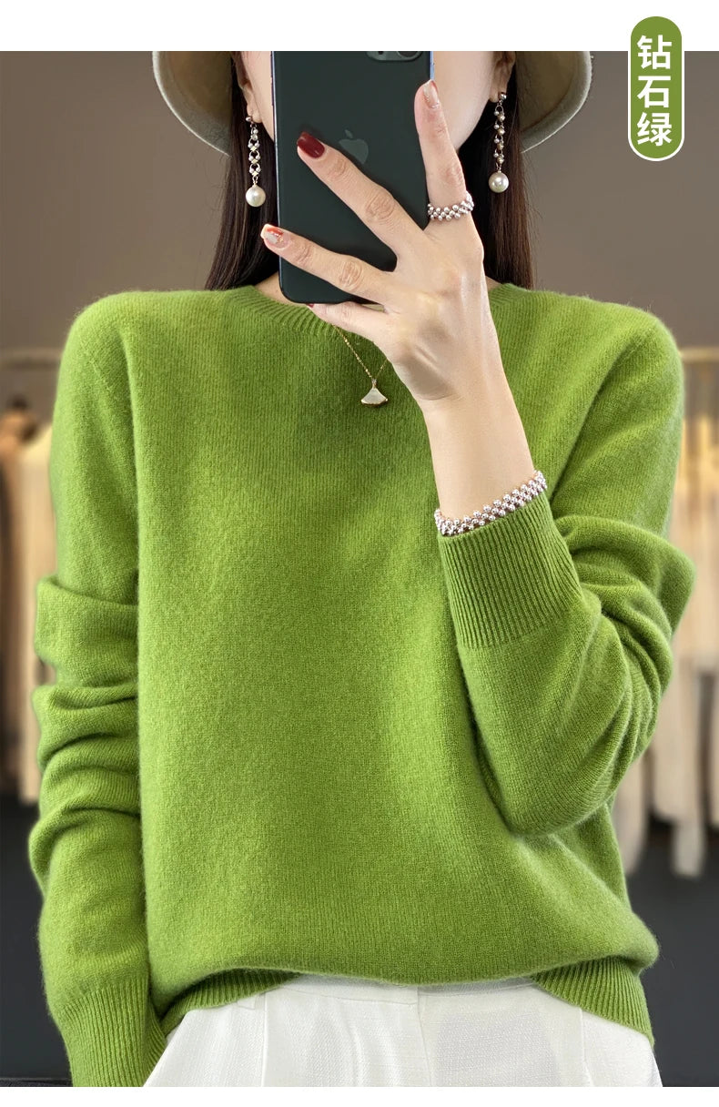 100% Merino Wool Sweater Women O-neck Cashmere Knitwear Female Pullover Autumn Winter Casual Tops Solid Color Soft  Clothing