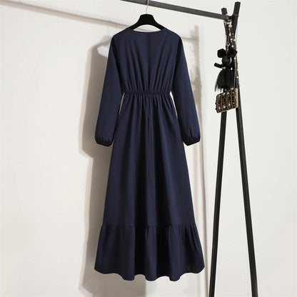 Frühling Herbst Mode weibliche Vestidos solide volle Ärmel O-Ausschnitt lässig Chiffon Kleid Frauen muslimischen langen Kleid Maxi kleider