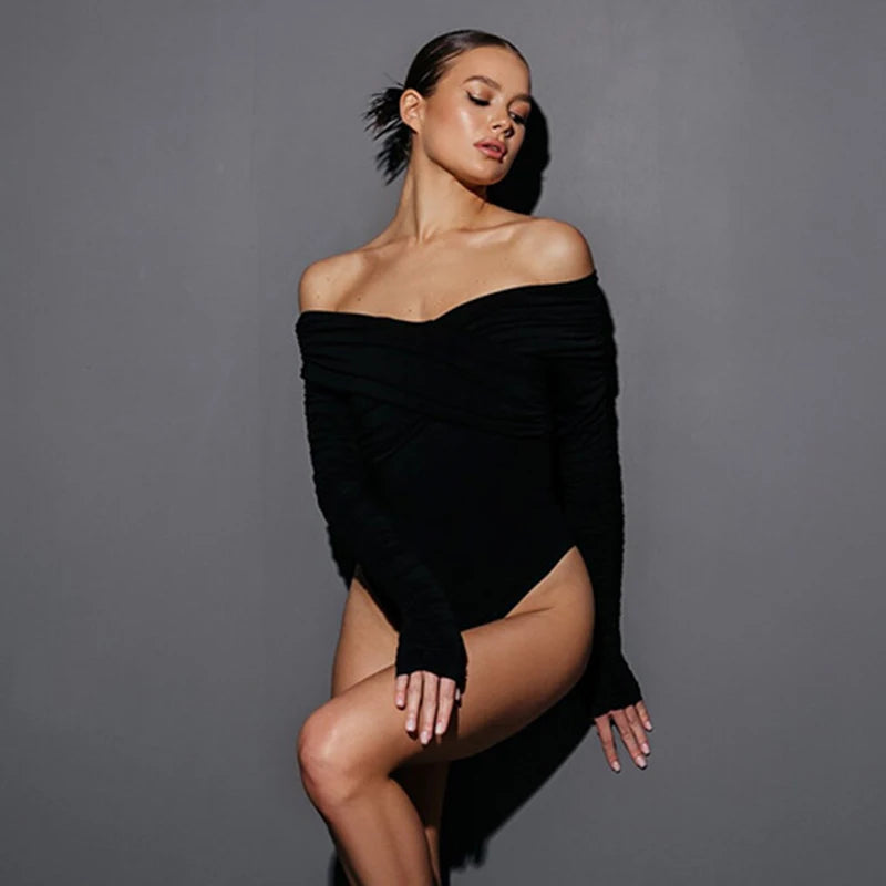 Women's Autumn One Shoulder V-Neck Pleated Long Sleeve Top Tight Fitting Temperament Jumpsuit New Collection.