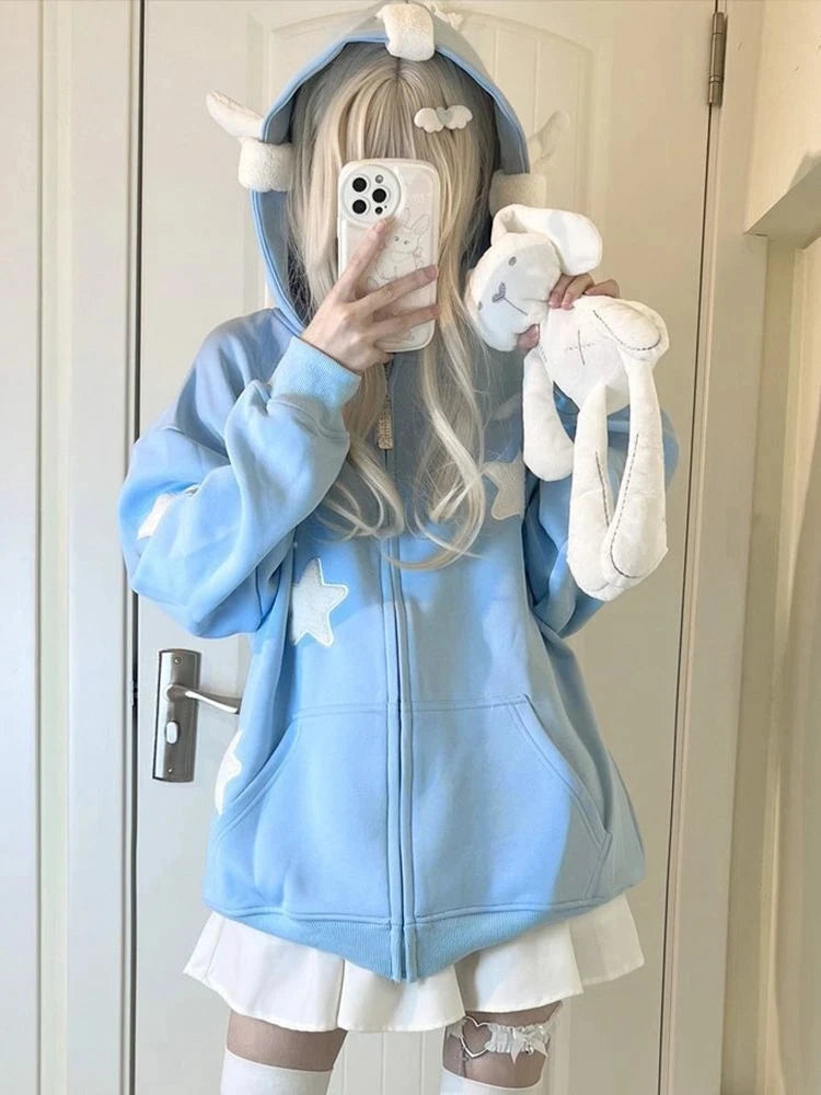 Japanese Kawaii Print Hooded Coats Women Sweatshirts Harajuku Printed Jacket Aesthetic Grunge Blouse Subculture Cute Y2k Tops.