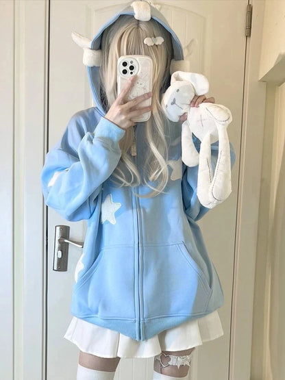 Japanese Kawaii Print Hooded Coats Women Sweatshirts Harajuku Printed Jacket Aesthetic Grunge Blouse Subculture Cute Y2k Tops.