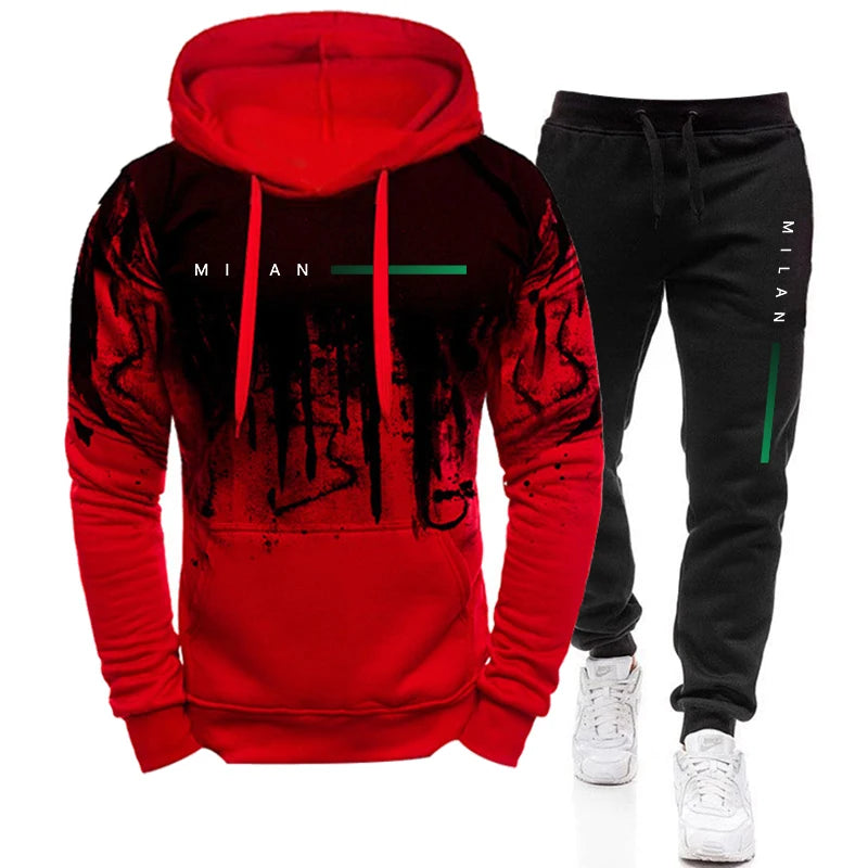 Men's Fashion Tracksuit Hooded Sweatshirts and Black Sweatpants Autumn Winter Casual Sports Jogging Suit Gym Hoodies Outfits.