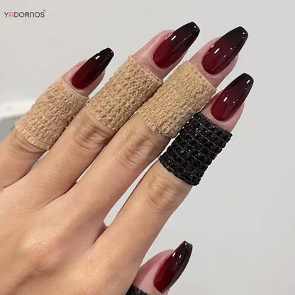 Red Black Gradient Press on Nails Medium Length Coffin Fake Nails with Sticky Tabs Ballerina False Nails Tips for Women 24Pcs.