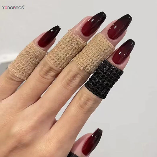 Red Black Gradient Press on Nails Medium Length Coffin Fake Nails with Sticky Tabs Ballerina False Nails Tips for Women 24Pcs.
