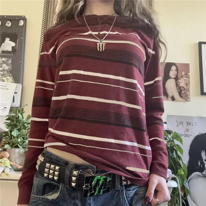 Y2k Teen Striped Long Sleeve T-Shirts Fairy Grunge Print Baggy Tops Vintage Harajuku 2000s E-Girl Shirts Vintage Streetwear.