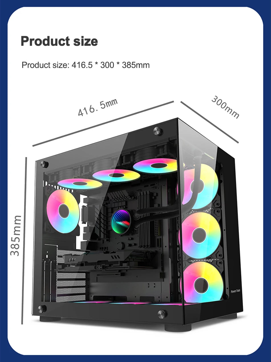 Power Train Seaview Dream MATX ITX Computer Case Panoramic Tempered Glass Side Transparency Without Pillars ATX Desktop Chassis.