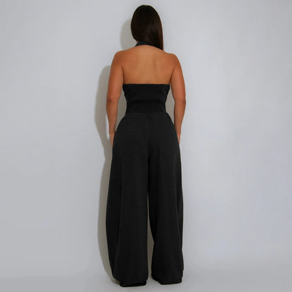 Fashionable Backless Casual Romper with Pockets for Women Summer Breathable Lightweight Solid Color One-Piece Suit.