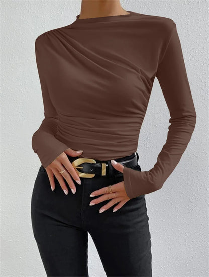 Fashion Solid Color Slim Fit T Shirt Women Trendy All-match Folds Long Sleeve T Shirts Ladies Tops Streetwear 2024 Spring New.