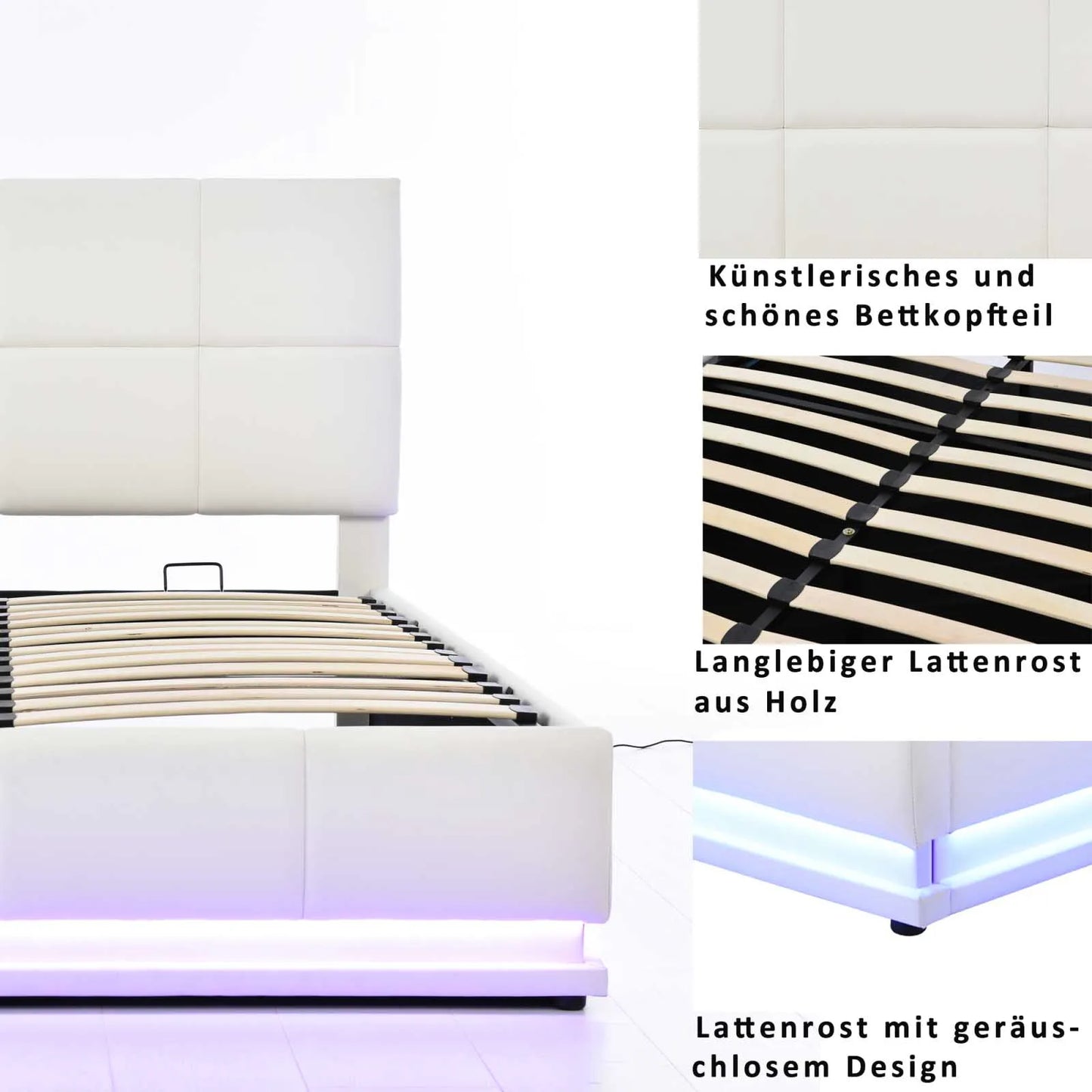 Weißes Polsterbett aus PU-Leder, 140 x 200 cm, Doppelbett mit LED-Beleuchtung, Stauraum unter dem Bett, Bettrahmen mit Lattenrost