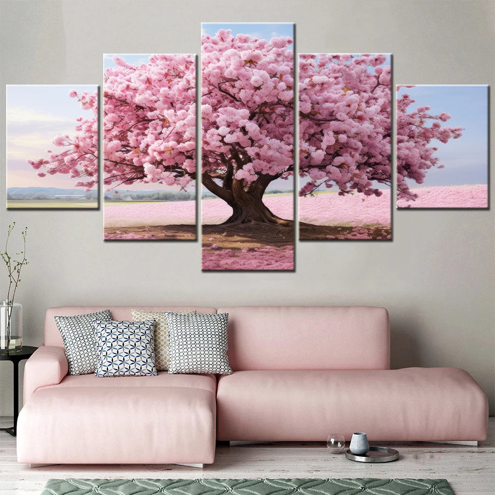 5 Pieces Modular Wall Art Home Decor Canvas Paintings for Interior Pink Tree Flower Picture Modern Room Decoration Framework.