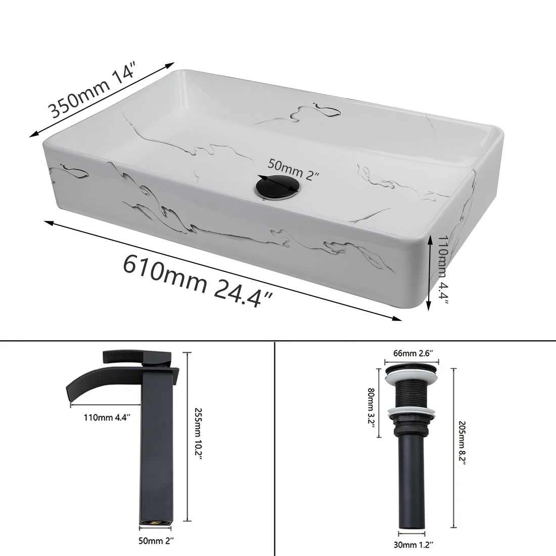 JIENI Keramik-Badezimmer-Waschbecken-Set, quadratisch, Porzellan, Arbeitsplatte, Waschbecken, Wasserhahn, Pop-Up-Abfluss, kombiniertes modernes Waschbecken-Set