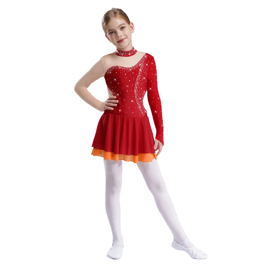 Kinder Mädchen Eiskunstlauf Kleid Lyrical Ballett Tanz Rhythmische Gymnastik Leistung Kostüm Langarm Strass Trikot