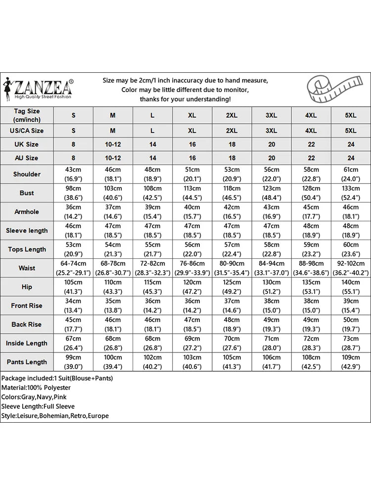 2025 ZANZEA Autumn Outfits 2PCS Women Work Matching Sets Fashion Spring Long Sleeve Blouse Pant Sets Casual Solid OL Tracksuits.