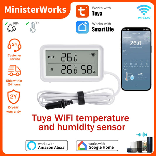 Tuya Wi-Fi Temperature and Humidity Sensor With External Probe Smart Digital LCD Screen Work with Smart Life Google Assistant.