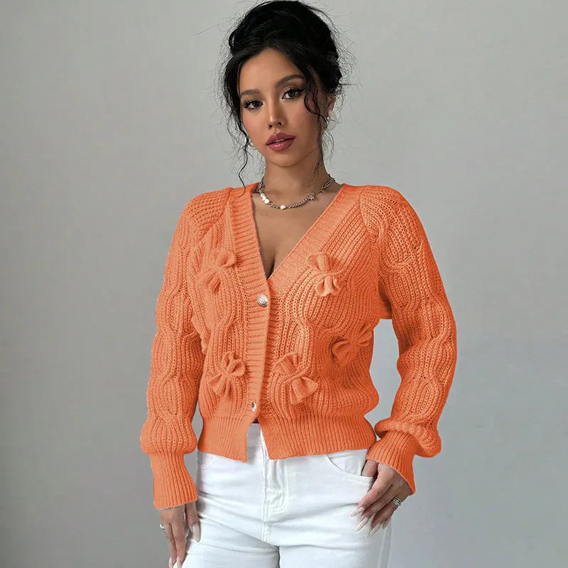 2025 Autumn And Winter Solid Color Long-sleeved Bow Knit Cardigan Jacket New Women's Elegant V-neck Button Versatile Sweater Top.