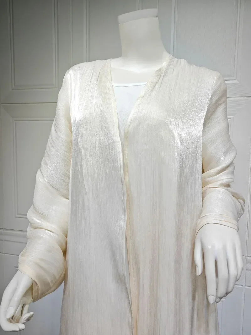 2025 Ramadan Satin muslimischen bescheidenen Kleid arabische Frauen öffnen Abaya Dubai islamische Langarm Cardigan Kleidung Truthahn schlichte Robe
