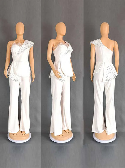 High Waist Strapless Jumpsuit Rivet Collar Lady Evening and Party Tube Top Jumpsuit for Women Elegant Sexy Birthday Jumpsuit.
