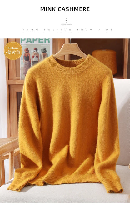 Women's Round-neck Mink Cashmere Sweater Soft Pullover Jumper Comfortable Knitted Top for Autumn Winter Pure Mink Material
