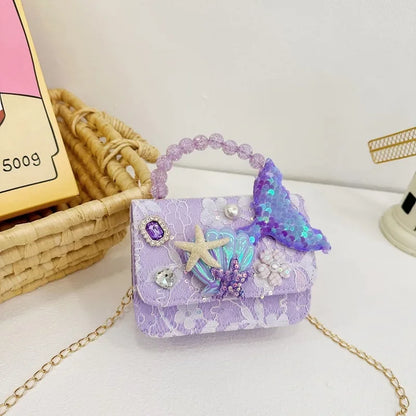Lovely Sequin Girls Square Shoulder Bag Fish Tail Starfish Princess Crossbody Bags Bead Handle Children's Small Handbags Purse