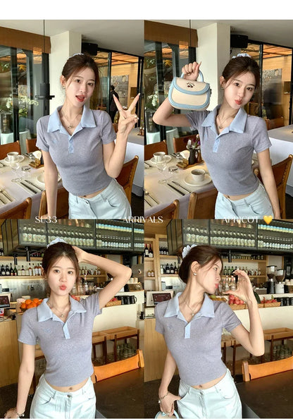 Women's Slim Fit Short Sleeve Polo Shirt Summer New Color Collision Design Red T-Shirt Top Fashionable Casual Business Wear