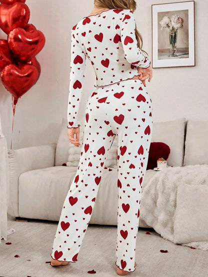 Autumn Winter 2 Pieces Pajamas Sets for Women Sleepwear Heart Print Long Sleeve Tops with Long Pants Trouser Set Pyjamas.
