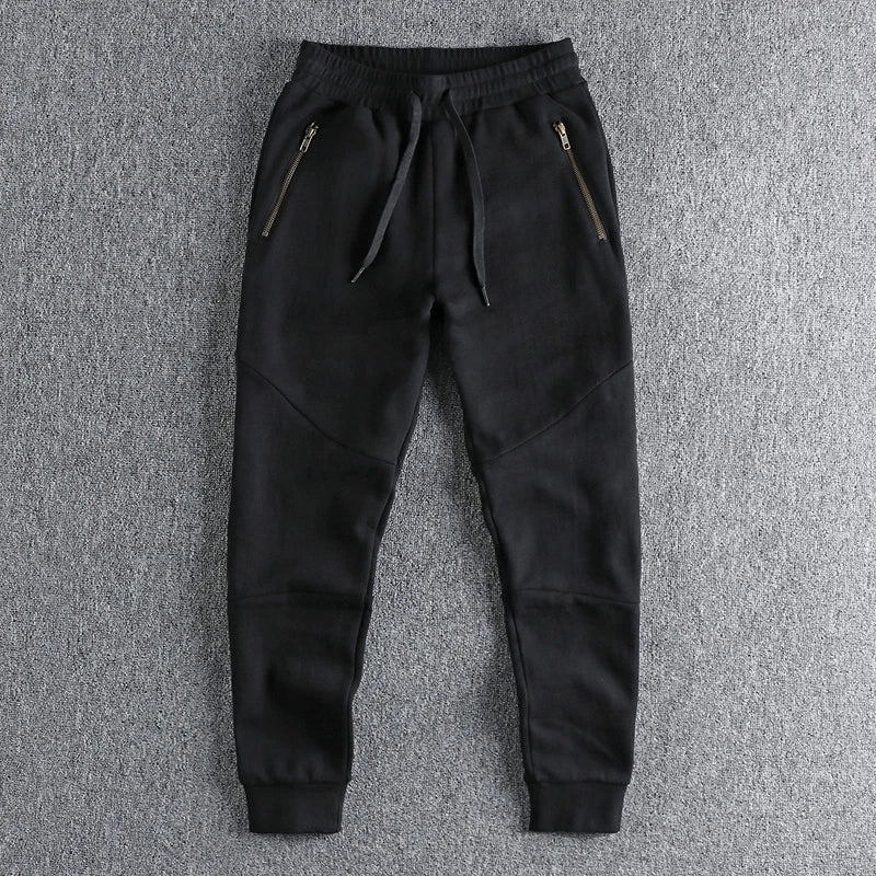 Autumn Winter American Retro Thick Sweatpants With Velvet Men's Pure Cotton Washed Heavyweight Knitted Sports Ankle-tied Pants.