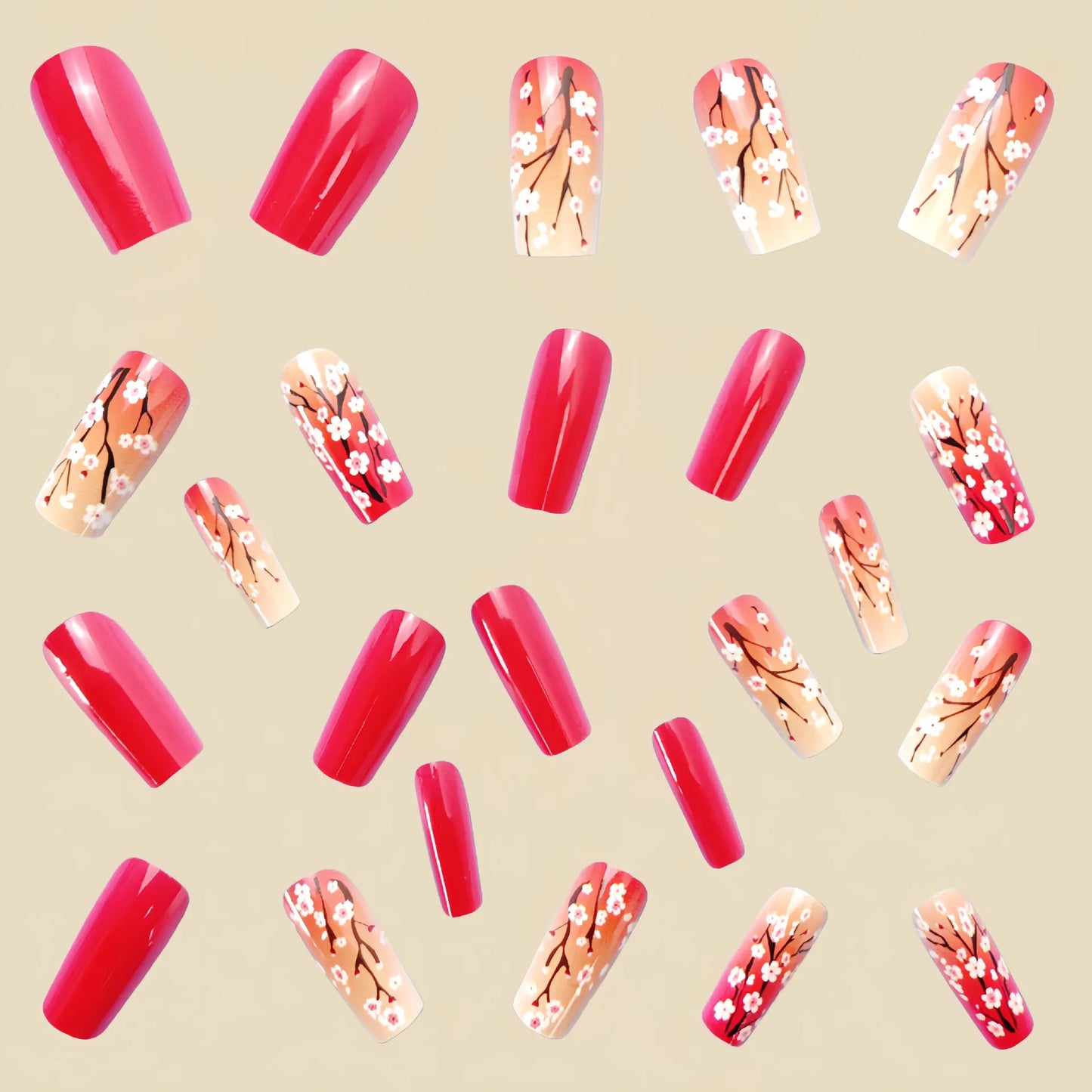 24pcs/set short medium long fake nails for Spring summer season gradient peach flowers butterfly heart press on false nail art