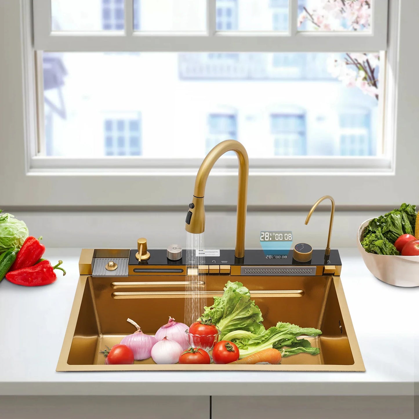 75x46x22cm,gold Digital Display Sink Pull-out Faucet Multifunctional Kitchen Sink , Adjustable Temperature with 360° Cup Washing