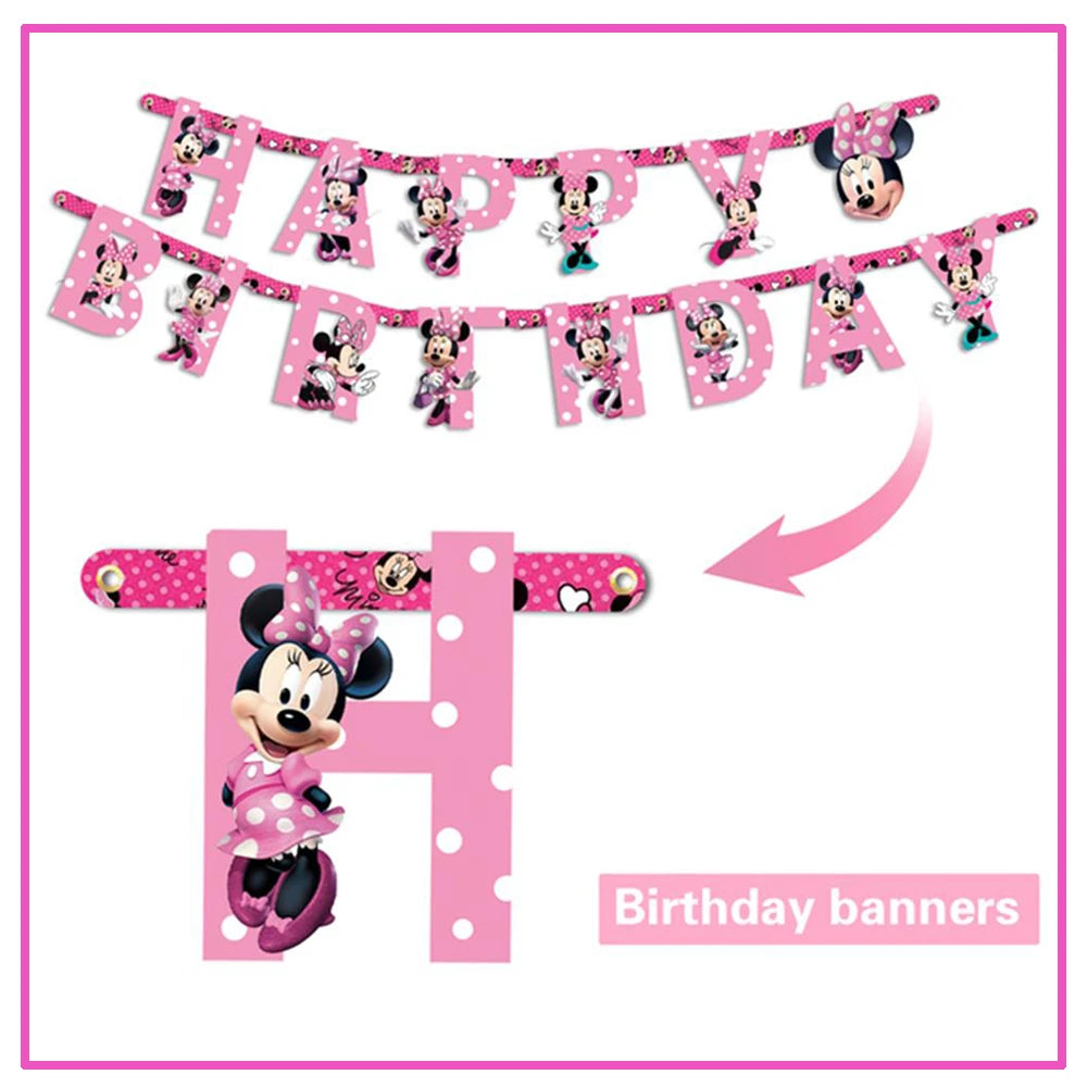 Disney Minnie Mouse Birthday Party Decoration Pink Minnie Paper Cups Plates Napkin Tablecloth Tableware Balloosn Baby Shower Kid