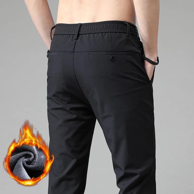 Korean Men's Warm Golf Pants Slim Straight Winter Thick Fleece Casual Pants Business Fashion Stretch Thermal Trousers Male.