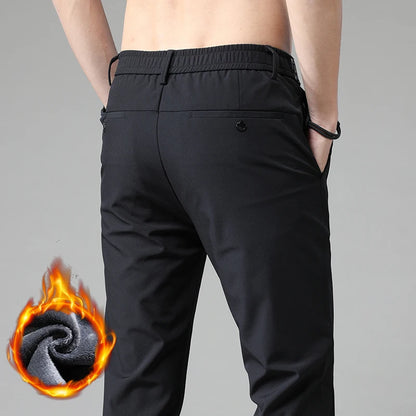 Korean Men's Warm Golf Pants Slim Straight Winter Thick Fleece Casual Pants Business Fashion Stretch Thermal Trousers Male.