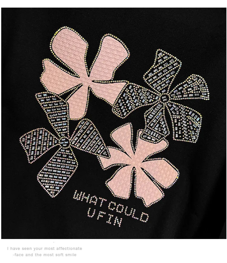 170 kg Plus Size Damen-Büste 170 Frühling Herbst Loose Diamond Collared Sweatshirt Schwarz 4XL 5XL 6XL 7XL 8XL 9XL