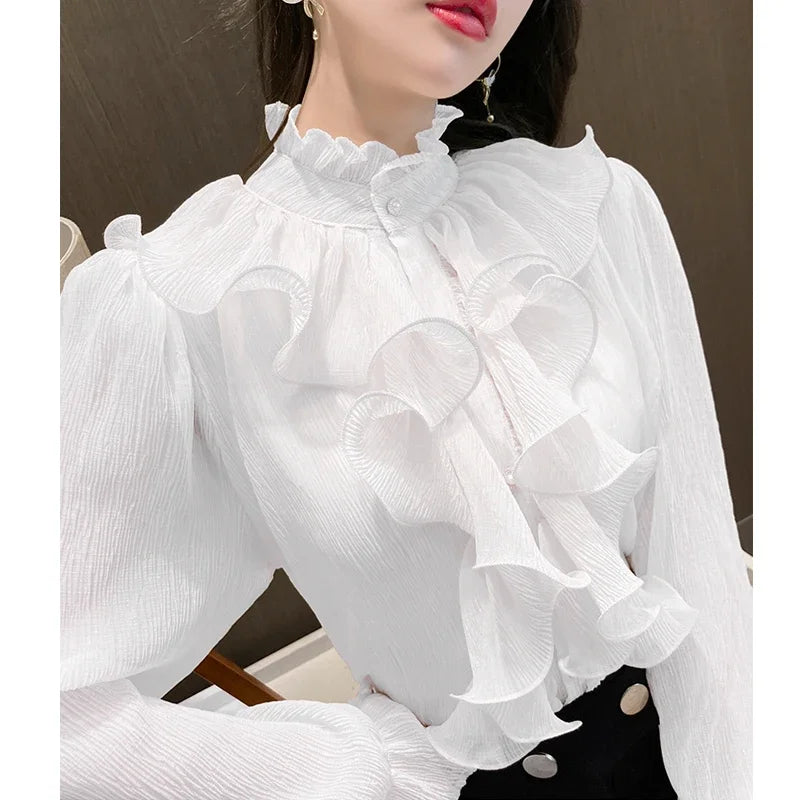 Autumn Vintage Ruffles Clothes Lace Blouse Women Spring Stand Collar White Chiffon Shirt Long Puff Sleeve Loose Tops Elegant