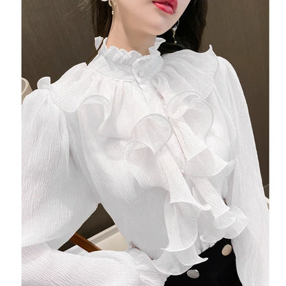 Autumn Vintage Ruffles Clothes Lace Blouse Women Spring Stand Collar White Chiffon Shirt Long Puff Sleeve Loose Tops Elegant