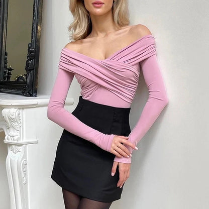Y2K Women Sexy Off Shoulder Bodysuit Solid Color Long Sleeve Skinny Romper Crossed Folds Fashion Streetwear Autumn.