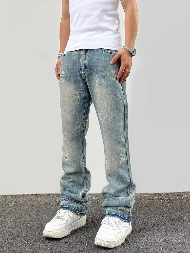 Loose Men's Straight Leg Jeans Casual High Street American Style Torn Frayed Hem Wide Leg Pants Trendy Casual Denim Trousers.