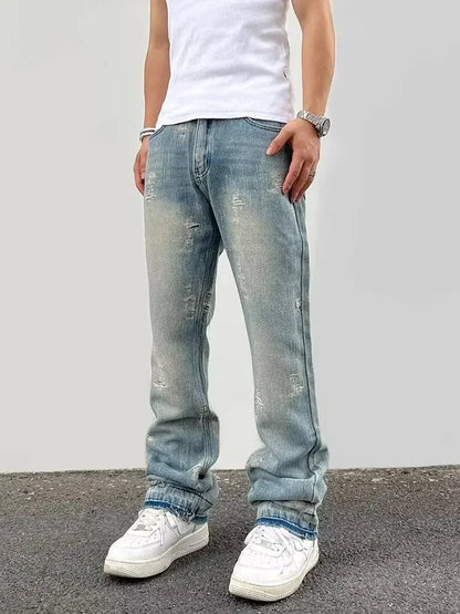 Loose Men's Straight Leg Jeans Casual High Street American Style Torn Frayed Hem Wide Leg Pants Trendy Casual Denim Trousers.