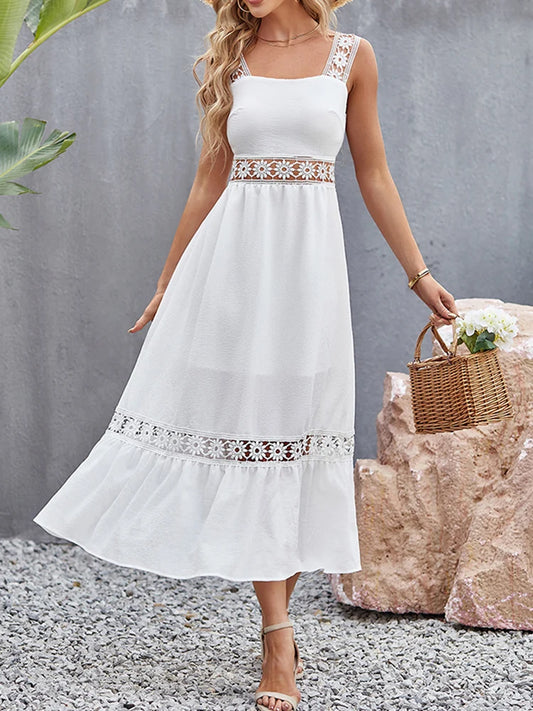 Weiße Lange Kleid Frauen Sommer Sexy Sleeveless Backless Maxi Kleider Damen Elegante Hohle Heraus Spitze Kleid Boho Sommerkleid Vestidos