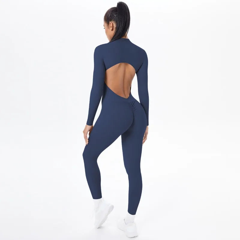 Women's Long Yoga Bodysuit with Half-Zip Sexy Back & Butt Lift for Fitness Running Outdoor Sportswear