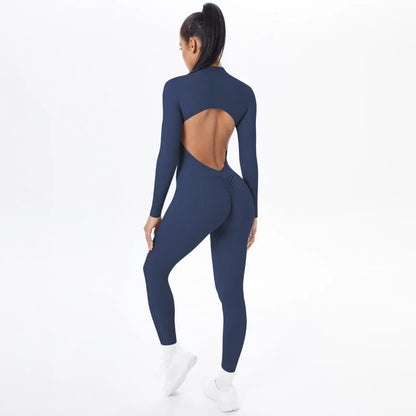 Women's Long Yoga Bodysuit with Half-Zip Sexy Back & Butt Lift for Fitness Running Outdoor Sportswear