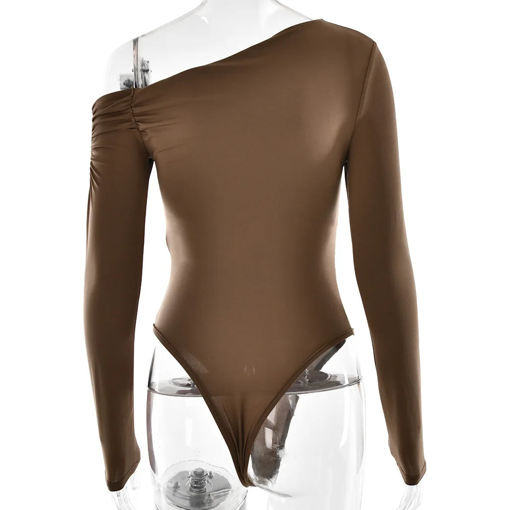 Cryptographic Fashion Solid Long Sleeve Bodysuits Elegant Outfits Slim Asymmetrical Tops Streetwear Basic One Piece Clothes.