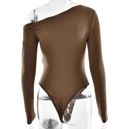 Cryptographic Fashion Solid Long Sleeve Bodysuits Elegant Outfits Slim Asymmetrical Tops Streetwear Basic One Piece Clothes.
