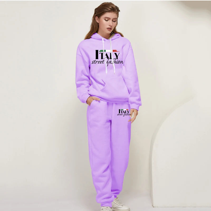 Womens Pants Suit Print Casual Hooded Sweatshirt Set Sports Jogging Woman Clothing AutumnWinter Office Home Tracksuit Street y2k.