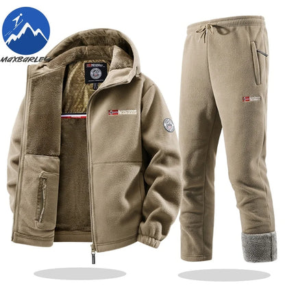 Maxbarley Winter Sportswear Set Mens Retro Training Thick Fleece Jacket + Pants Two Piece Set Casual Ski Running Tracksuit Suit.