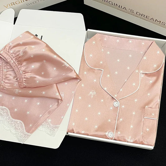 Frauen Neue Sommer Eis Seide Ins Sterne Floral Süße Pyjamas Mädchen Sommer Kurzarm Shorts Studentenwohnheim Homewear Anzug.