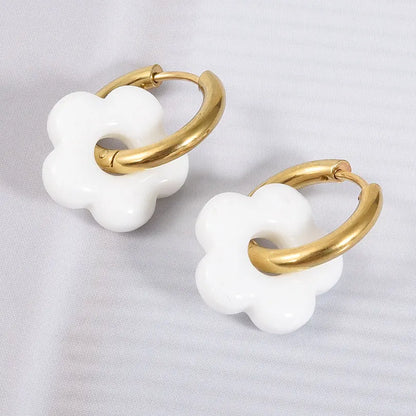 Colorful Flower Glass Drop Charms Earring Gold Color Circle Ear Buckle Hoops Stainless Steel Earrings Fashion Jewelry for Women.