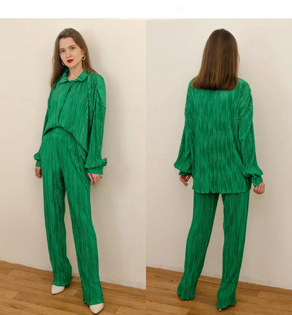 2024 Spring Autumn Women's New Solid Color Button Shirt Long Sleeve Drop Feel Loose Soft Wrinkle Casual Two Piece Set