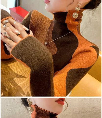 Women Clothing Vintage Fashion Slim Turtleneck Sweaters Autumn Winter Elegant Chic Patchwork Knit Pullovers Office Lady Tops.